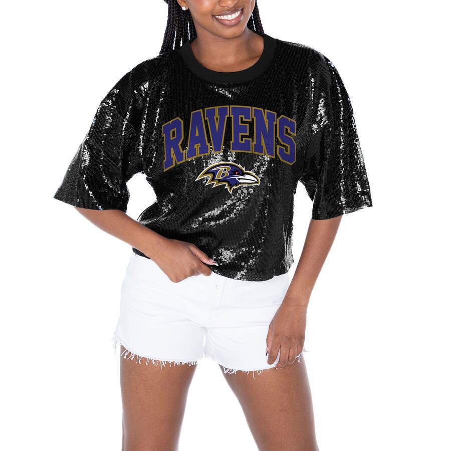Women's Baltimore Ravens  Gameday Couture Black Rise Up Sequin Cropped T-Shirt