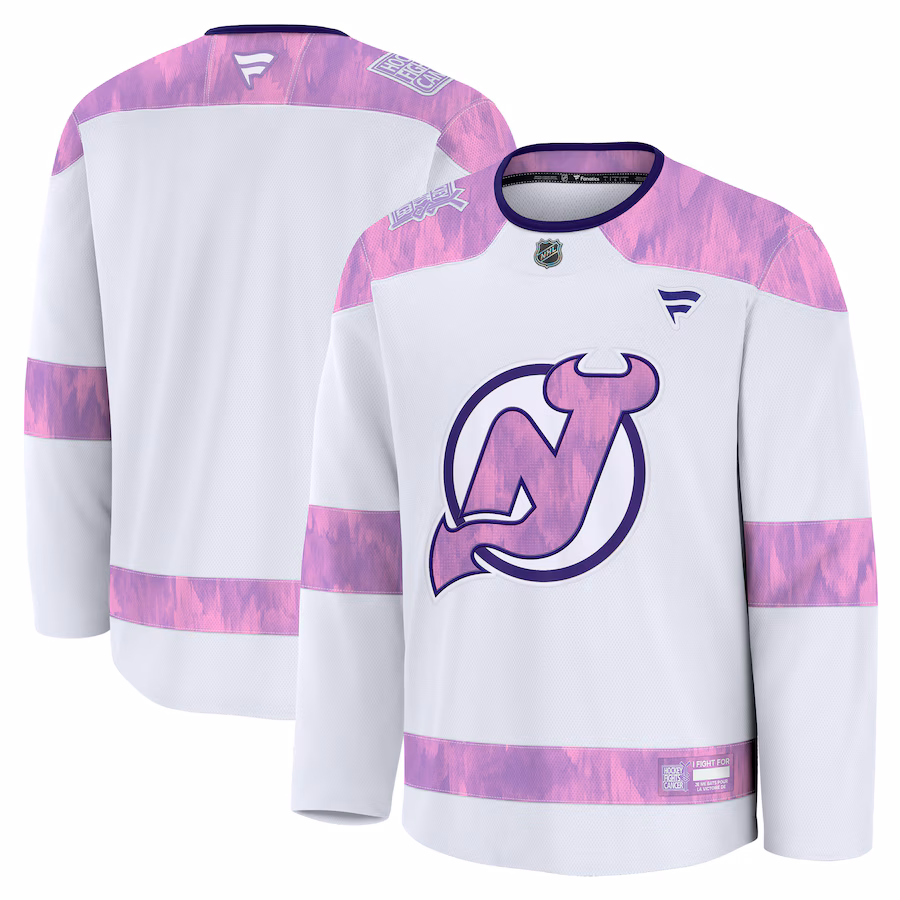Men's New Jersey Devils Fanatics White 2024 Hockey Fights Cancer Practice Jersey