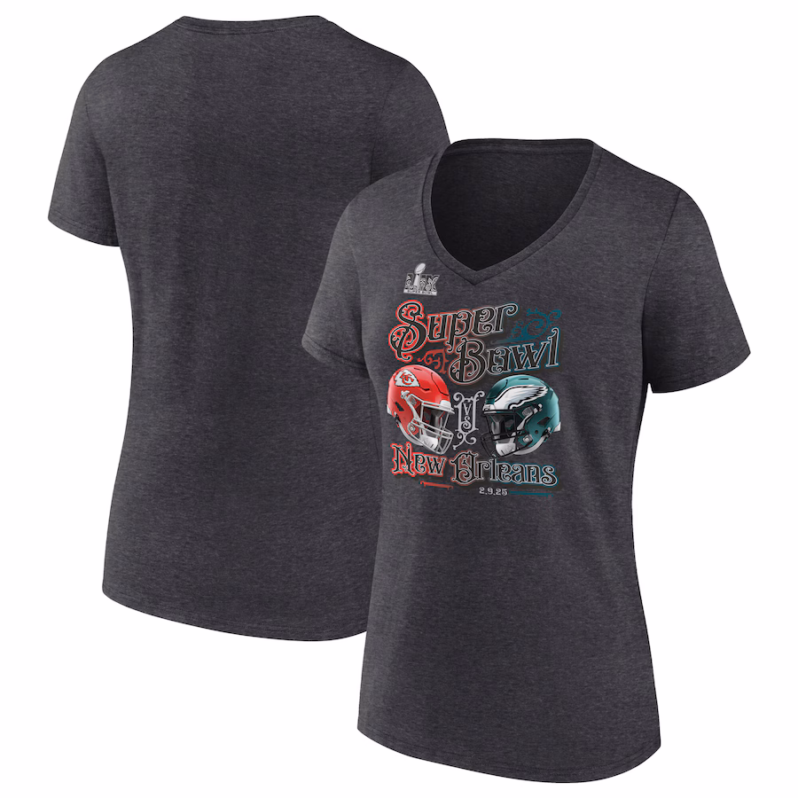 Women's Kansas City Chiefs vs. Philadelphia Eagles Fanatics Heather Charcoal Super Bowl LIX Matchup Plus Size Final Battle V-Neck T-Shirt