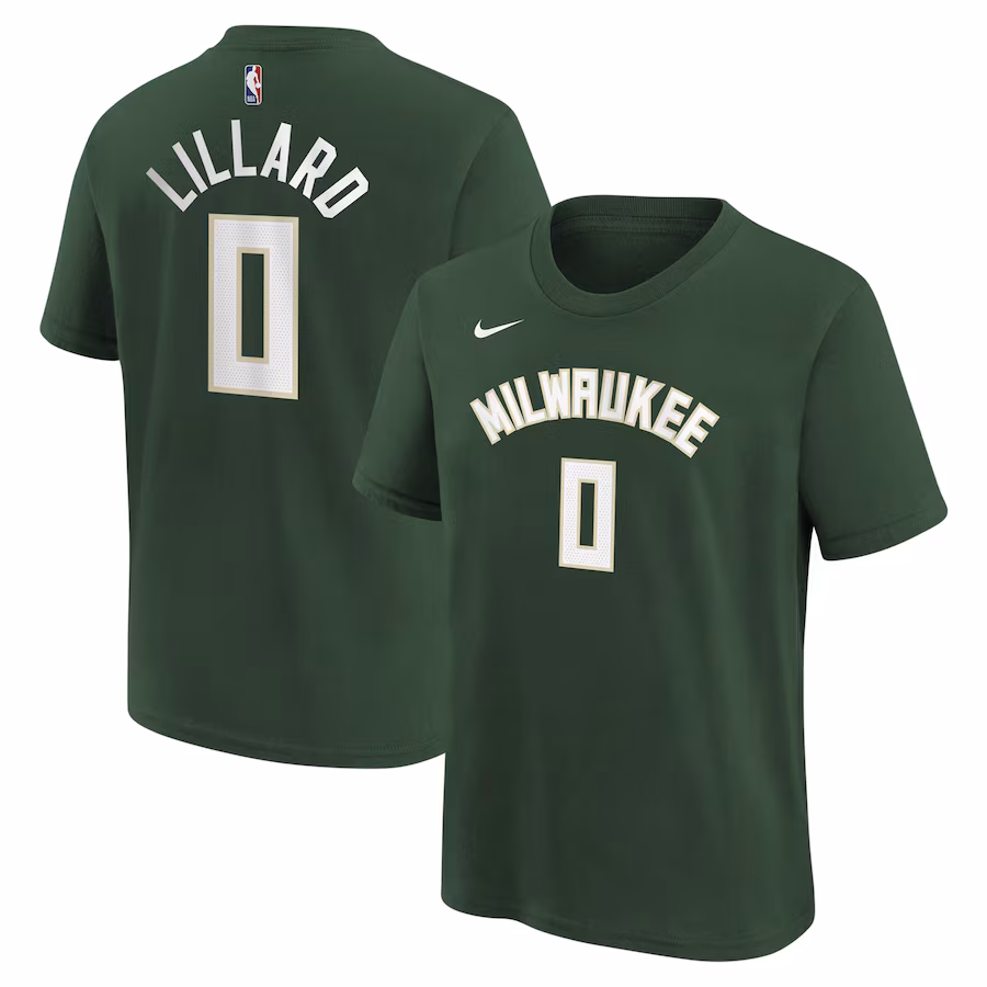 Youth Milwaukee Bucks Damian Lillard Nike Hunter Green Icon Name & Number T-Shirt