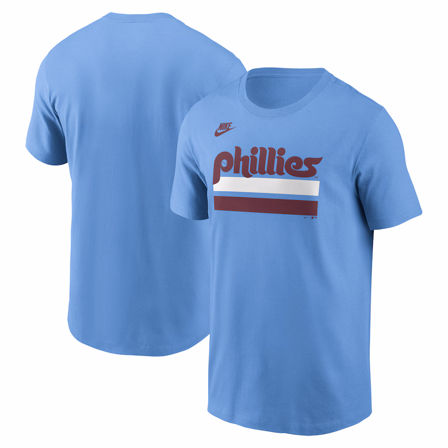 Men's Philadelphia Phillies Nike Light Blue Two Bar Cooperstown Collection Wordmark T-Shirt