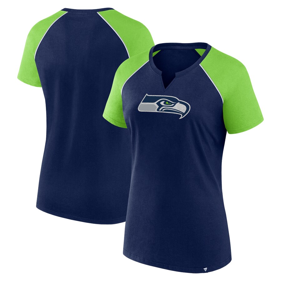 Women's Seattle Seahawks Fanatics College Navy/Neon Green Glittered Primary Raglan T-Shirt