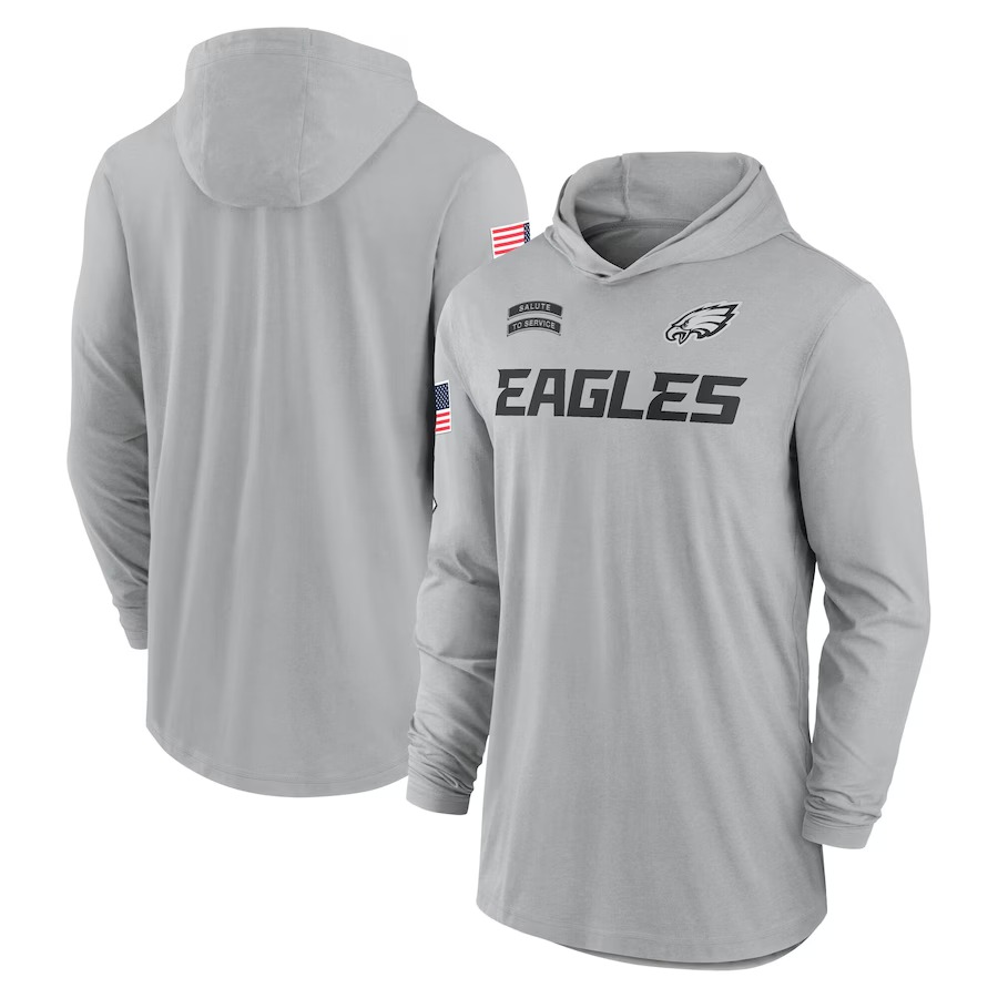 Men's Philadelphia Eagles Nike Gray 2024 Salute to Service Lightweight Performance Long Sleeve Hooded T-Shirt
