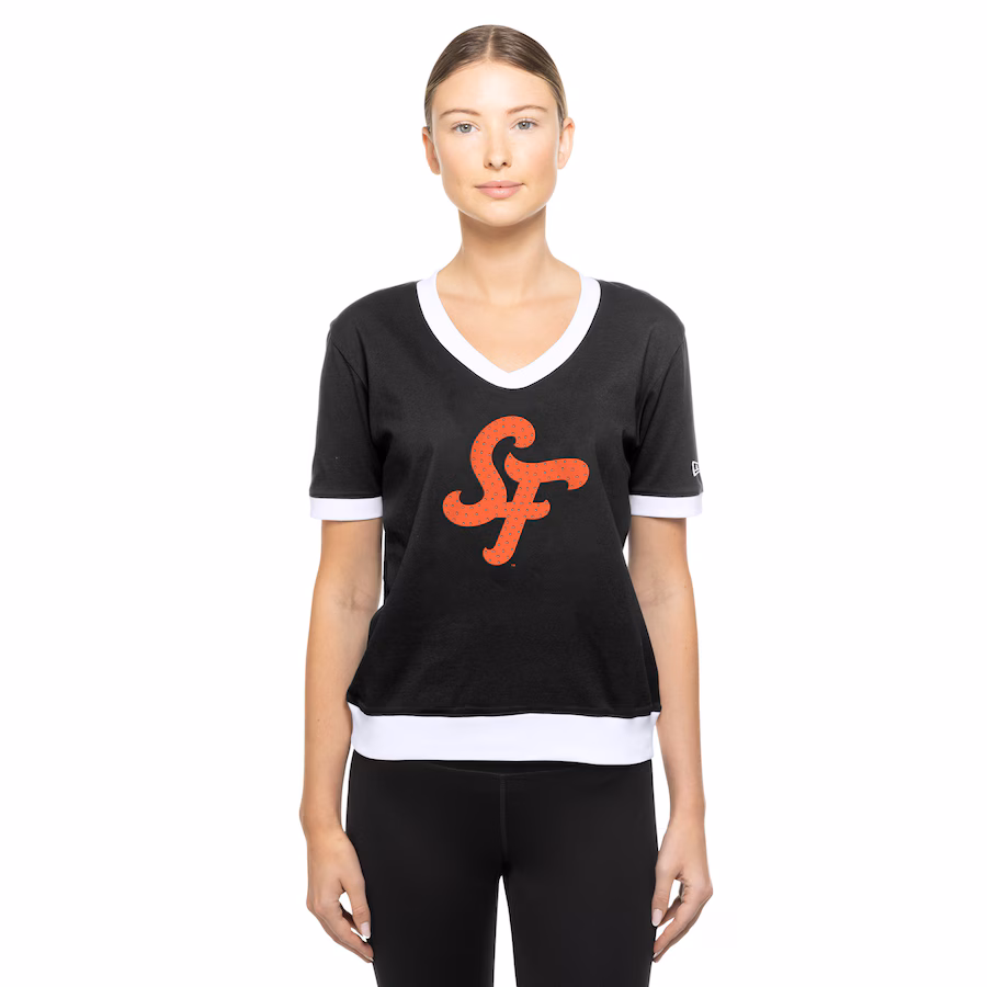 Women's San Francisco Giants New Era Black 2025 City Connect Rhinestone V-Neck T-Shirt