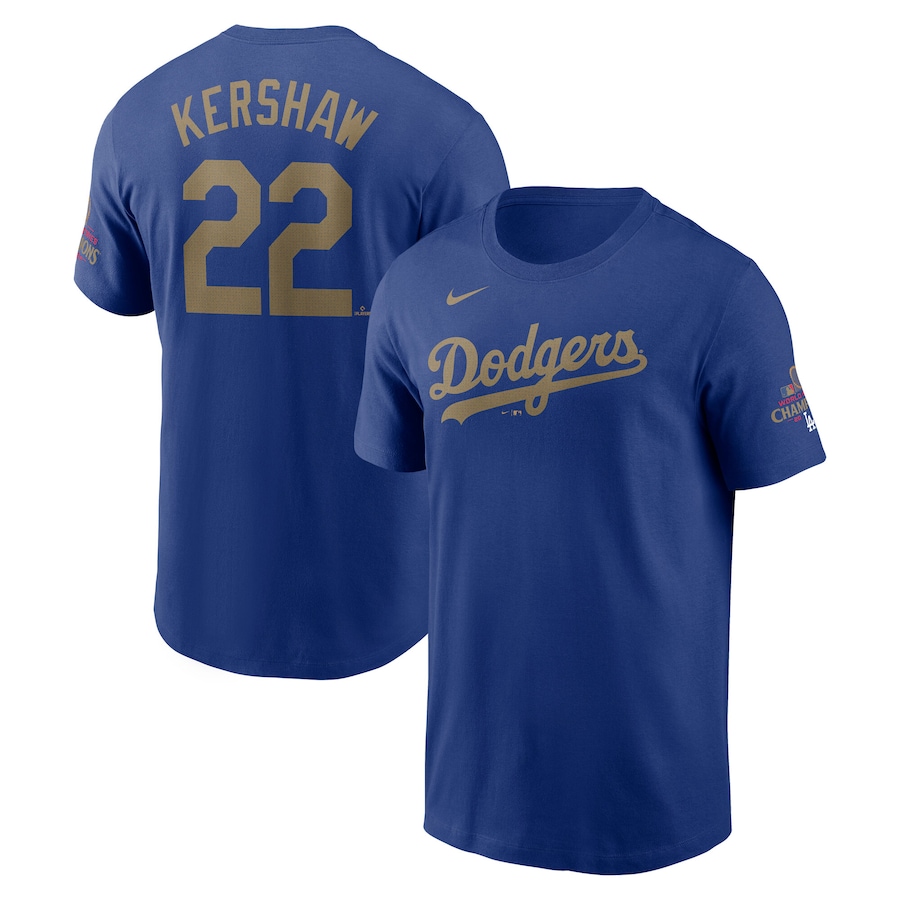 Men's Los Angeles Dodgers Clayton Kershaw Nike Royal 2025 Gold Collection Name & Number T-Shirt