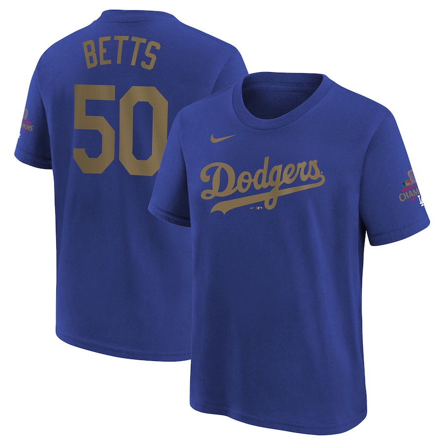 Youth Los Angeles Dodgers Mookie Betts Nike Royal 2025 Gold Collection Name & Number T-Shirt