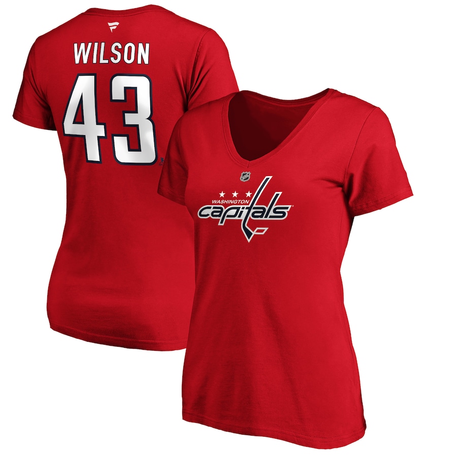 Women's Washington Capitals Tom Wilson Fanatics Red Authentic Stack Name and Number V-Neck T-Shirt