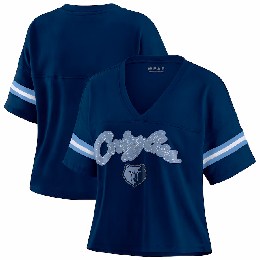 Women's Memphis Grizzlies WEAR by Erin Andrews Navy Color Block Boxy V-Neck T-Shirt