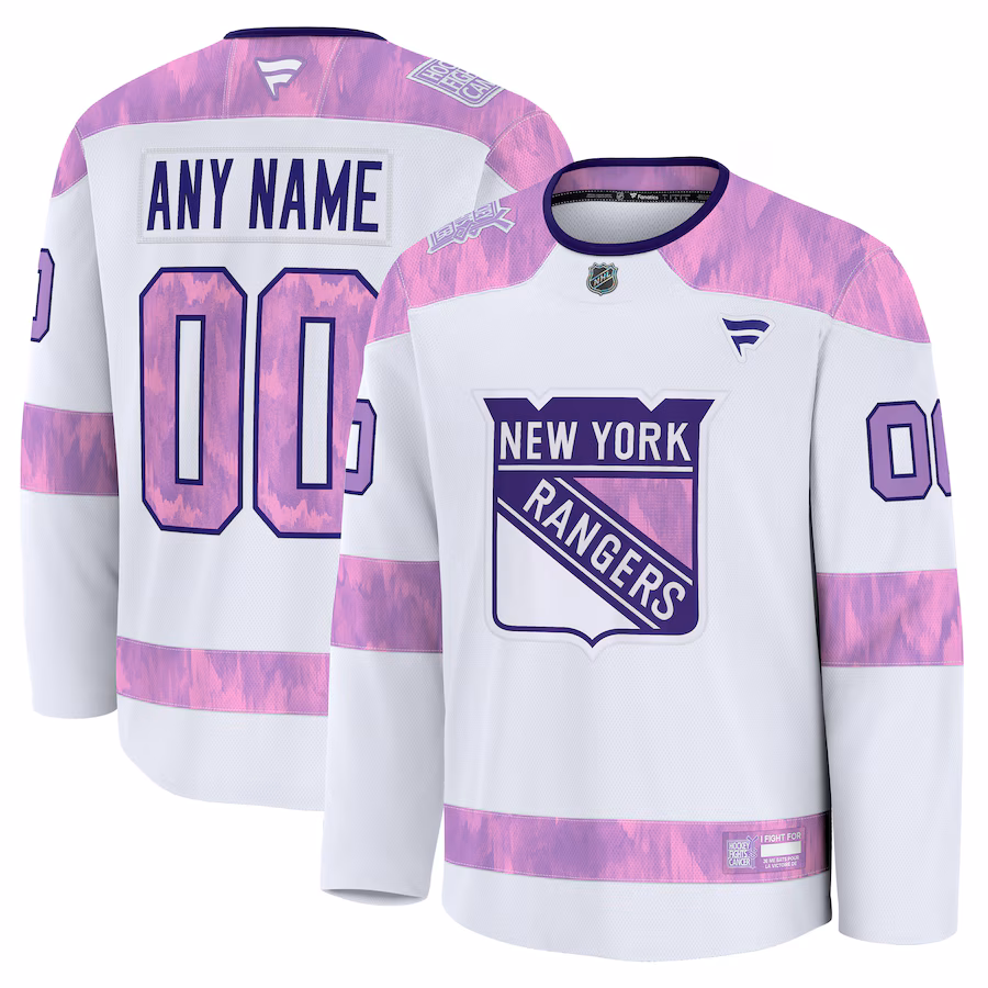 Men's New York Rangers Fanatics White 2024 Hockey Fights Cancer Custom Practice Jersey