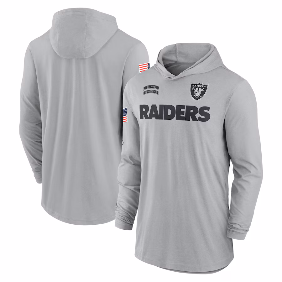 Men's Las Vegas Raiders Nike Gray 2024 Salute to Service Lightweight Performance Long Sleeve Hooded T-Shirt