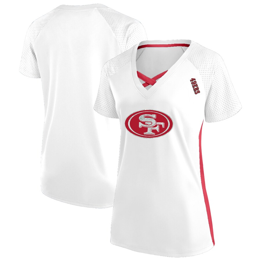 Women's San Francisco 49ers Fanatics White Plus Size Glitter Lace-Up V- Neck T-Shirt