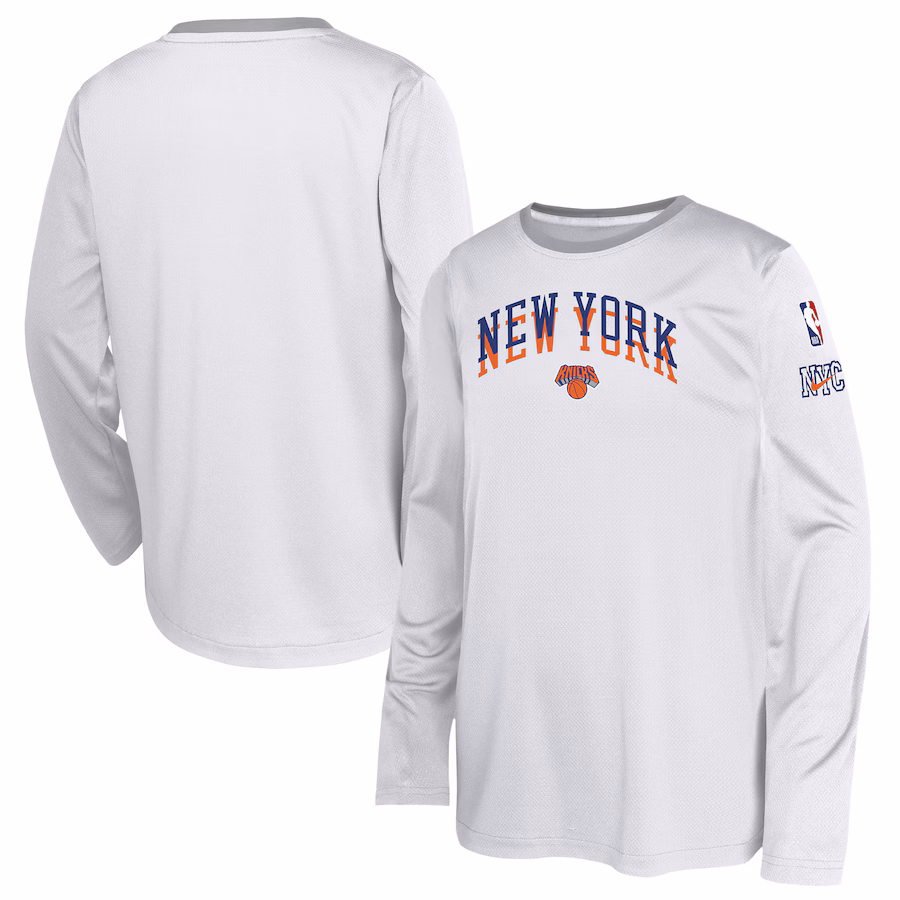 Youth New York Knicks Nike White 2024/25 City Edition Pregame Performance Long Sleeve Shooting T-Shirt