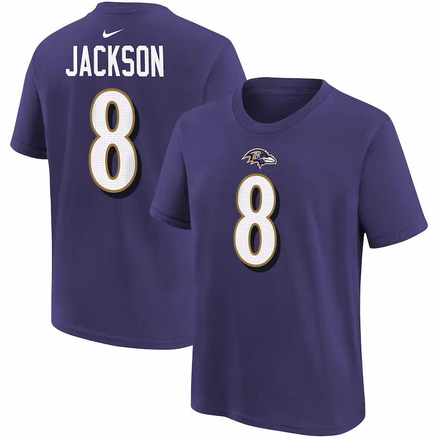 Youth Baltimore Ravens Lamar Jackson Purple Nike Player Name & Number T-Shirt