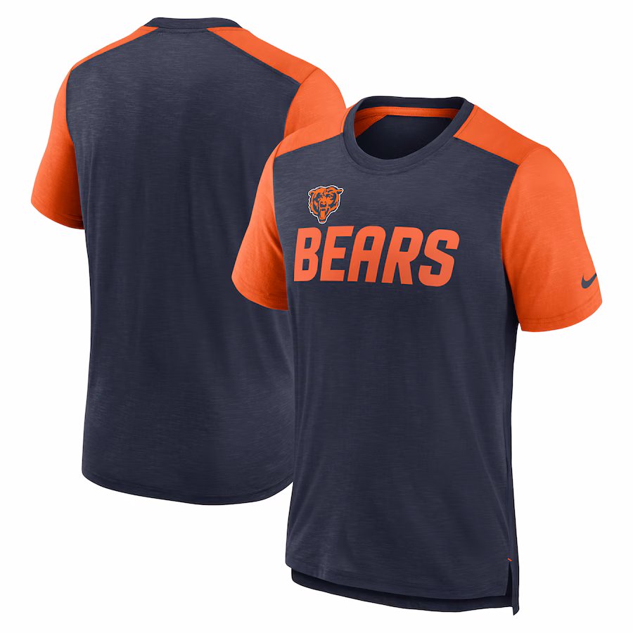 Men's Chicago Bears Nike Heathered Navy/Heathered Orange Color Block Team Name T-Shirt