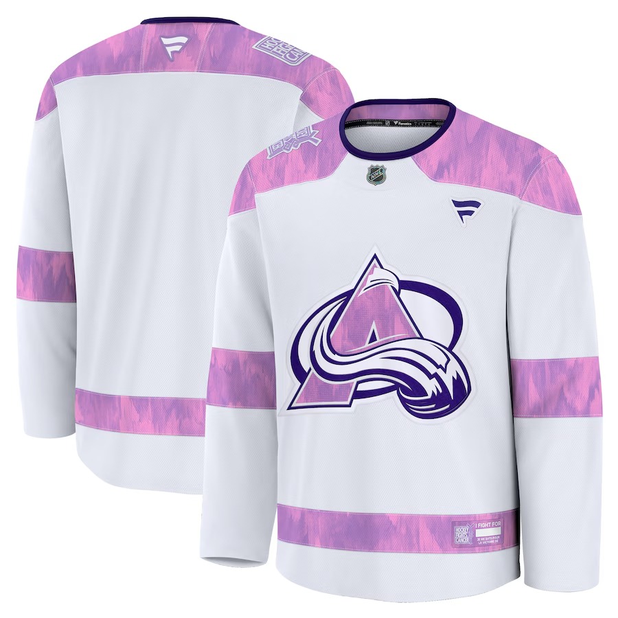 Men's Colorado Avalanche Fanatics White 2024 Hockey Fights Cancer Practice Jersey