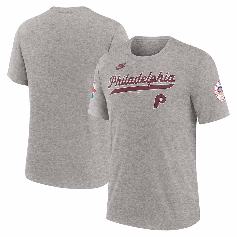 Men's Philadelphia Phillies Nike Heather Gray Cooperstown Collection Eras Tri-Blend T-Shirt