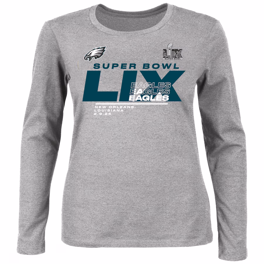Women's Philadelphia Eagles Fanatics Heather Gray Super Bowl LIX Plus Size Quick Pass Long Sleeve Scoop Neck T-Shirt