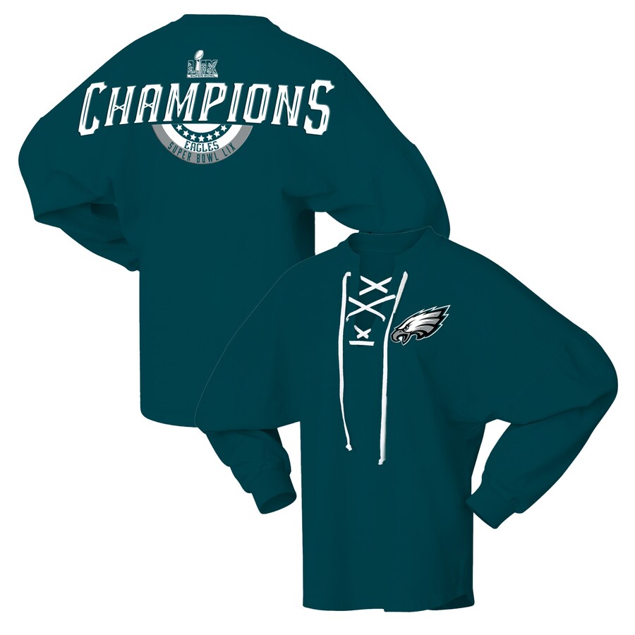 Women's Philadelphia Eagles  Fanatics Midnight Green Super Bowl LIX Champions Lace-Up Spirit Jersey Long Sleeve T-Shirt