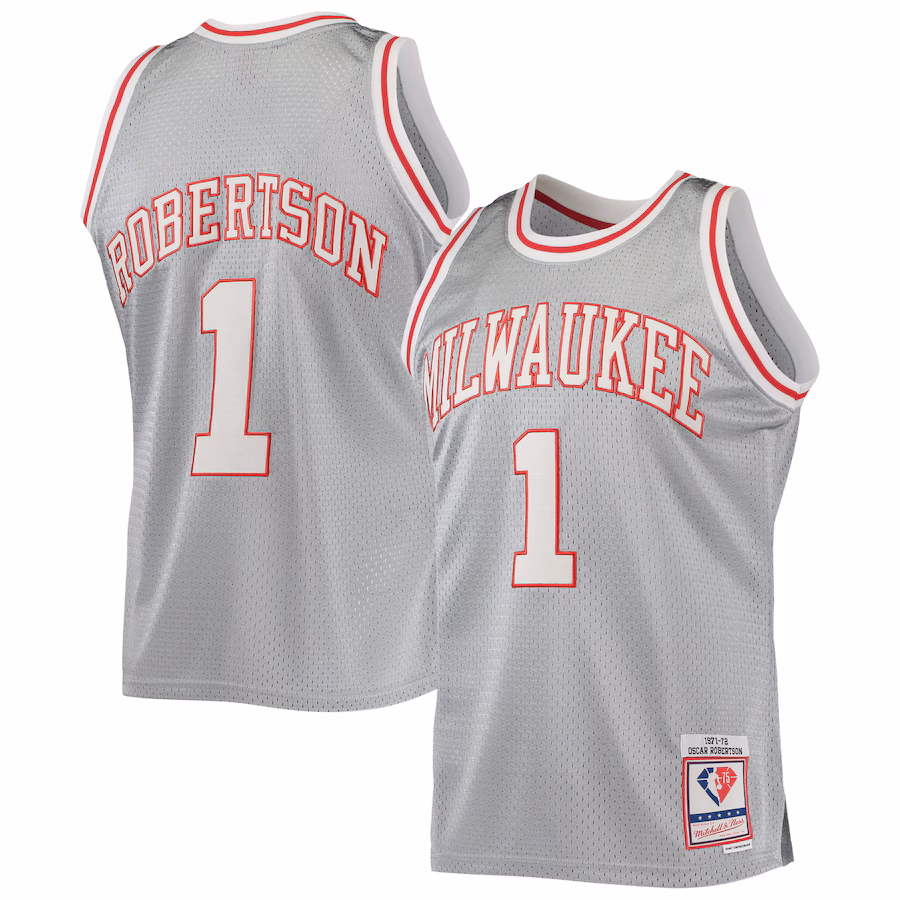 Men's Milwaukee Bucks Oscar Robertson Silver Mitchell & Ness 75th Anniversary 1971/72 Hardwood Classics Swingman Jersey