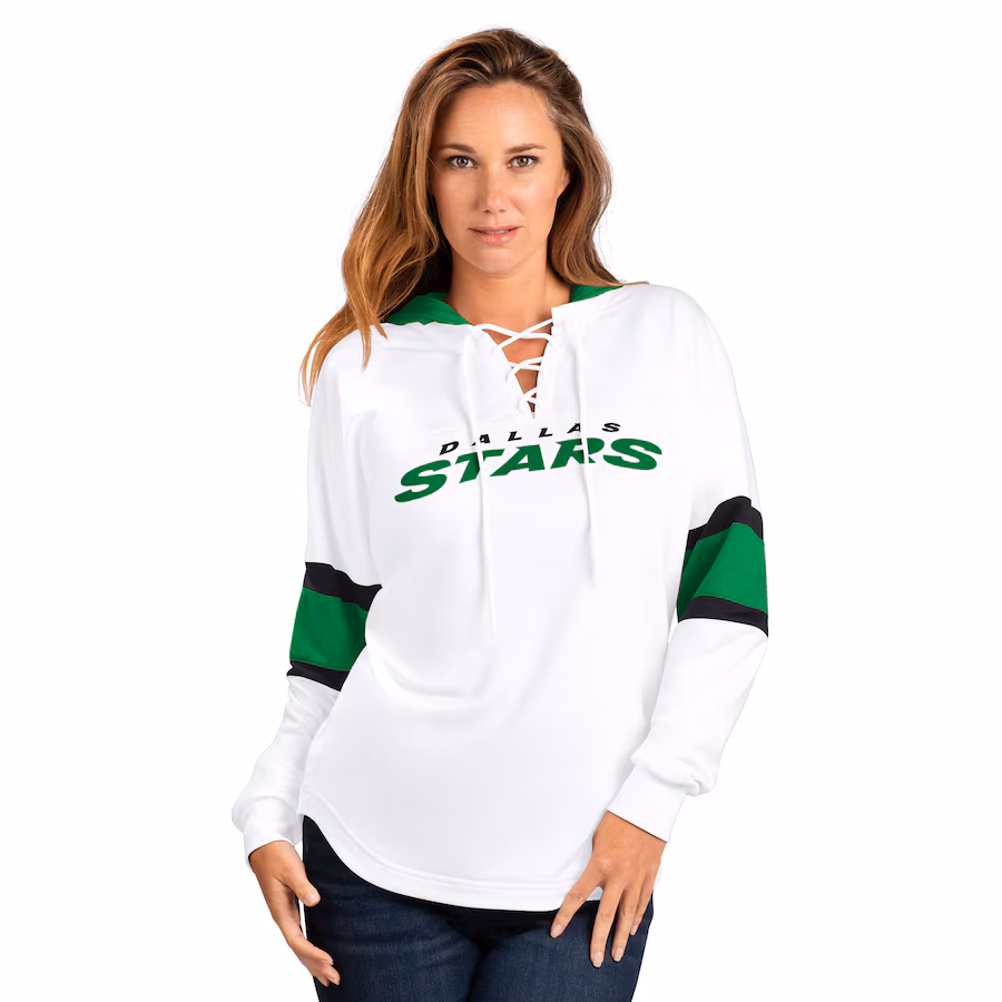 Women's Dallas Stars G-III 4Her by Carl Banks White Goal Zone Long Sleeve Lace-Up Hoodie T-Shirt