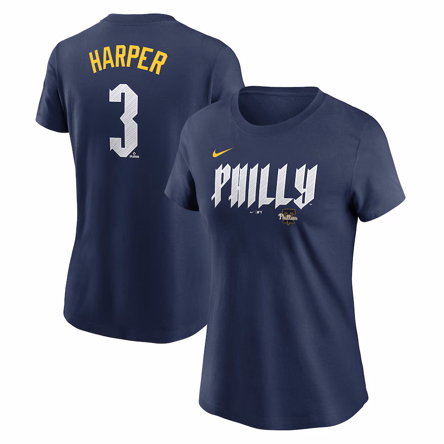 Women's Philadelphia Phillies Bryce Harper Nike Navy 2024 City Connect Fuse Player Name & Number T-Shirt