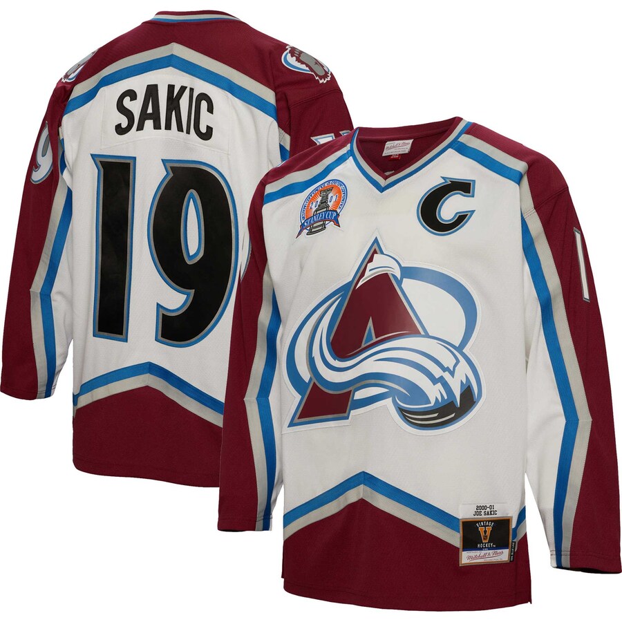 Men's Colorado Avalanche Joe Sakic Mitchell & Ness White 2000/01 Captain Patch Blue Line Player Jersey