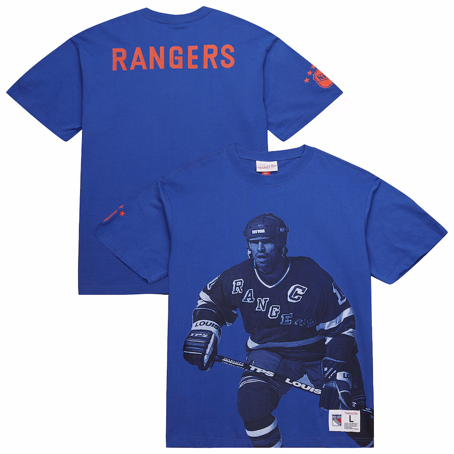Men's New York Rangers Mark Messier Mitchell & Ness Blue NHL Ultimate Player Vintage Logo T-Shirt