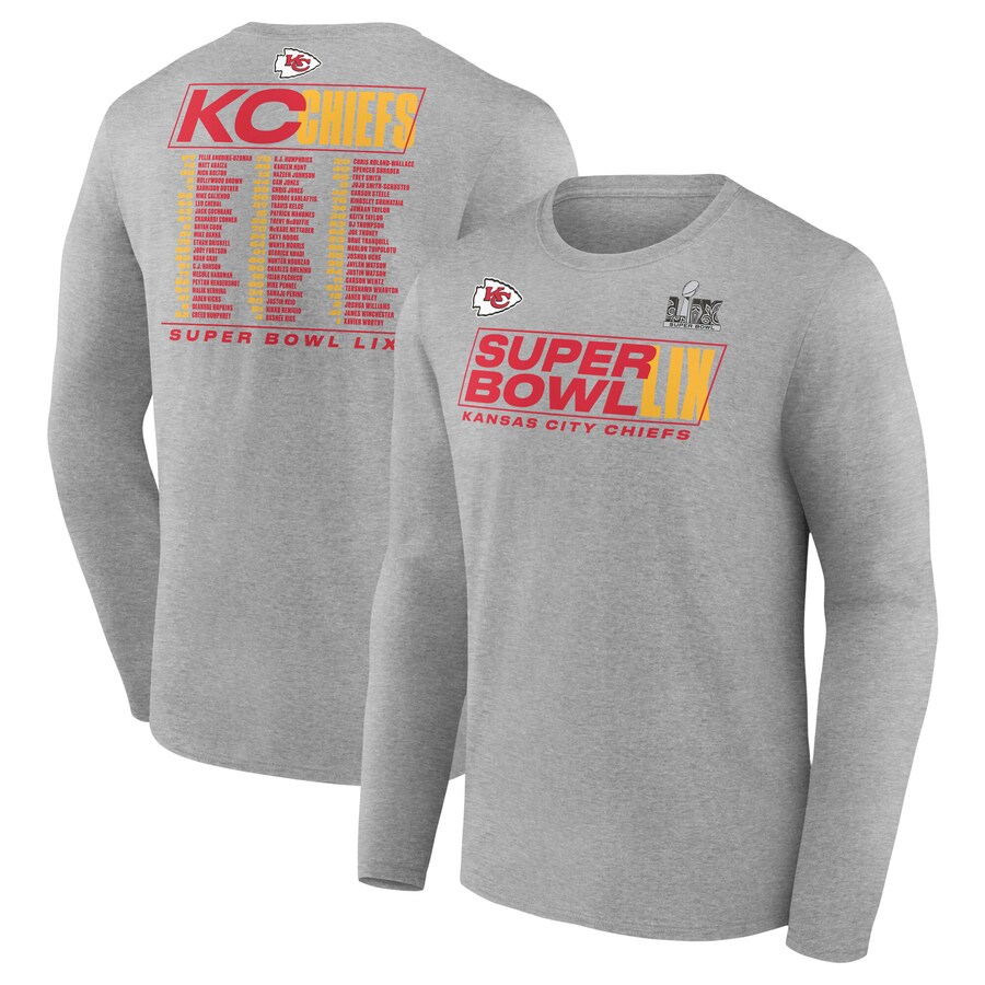 Men's Kansas City Chiefs  Fanatics Heather Gray Super Bowl LIX Roster Long Sleeve T-Shirt