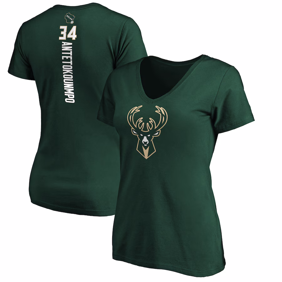 Women's Milwaukee Bucks Giannis Antetokounmpo Green Playmaker Name & Number V-Neck T-Shirt