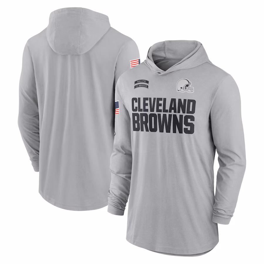 Men's Cleveland Browns Nike Gray 2024 Salute to Service Lightweight Performance Long Sleeve Hooded T-Shirt
