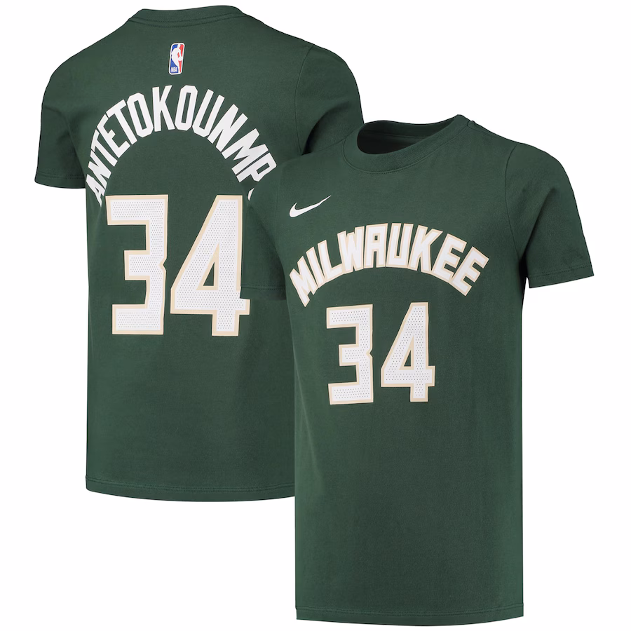 Youth Milwaukee Bucks Giannis Antetokounmpo Nike Hunter Green Logo Name & Number Performance T-Shirt
