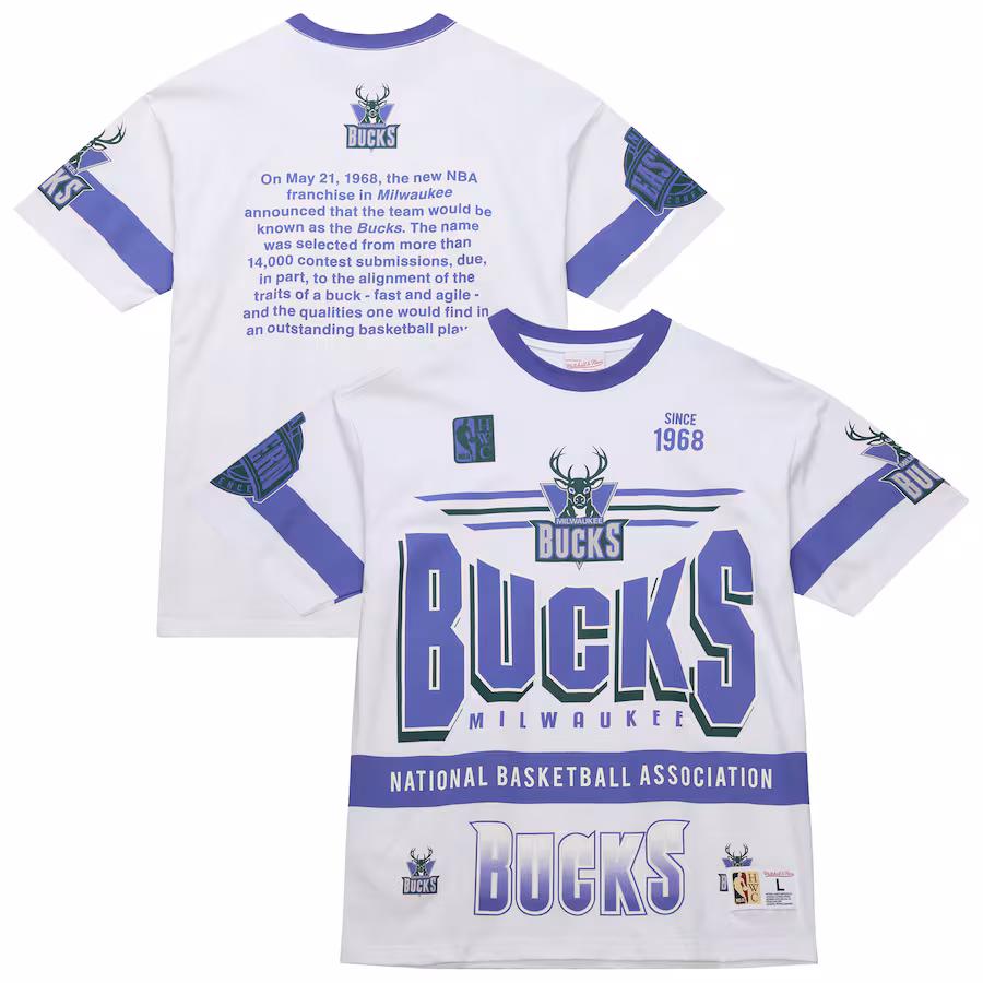 Unisex Milwaukee Bucks  Mitchell & Ness White Hardwood Classics Vintage Team Origins Premium T-Shirt