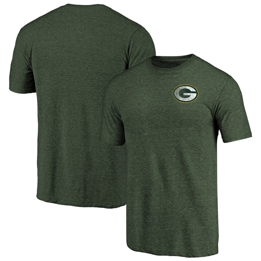 Men's Green Bay Packers Heathered Green Primary Logo Left Chest Distressed Tri-Blend T-Shirt