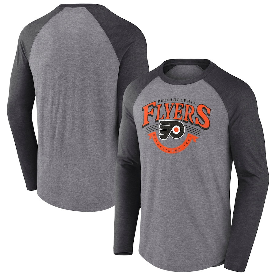 Men's Philadelphia Flyers Fanatics Heather Gray/Heather Charcoal Goal Crease Raglan Tri-Blend Long Sleeve T-Shirt