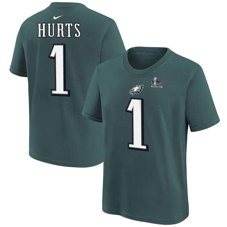 Youth Philadelphia Eagles Jalen Hurts Nike Midnight Green Super Bowl LIX Player Name & Number T-Shirt