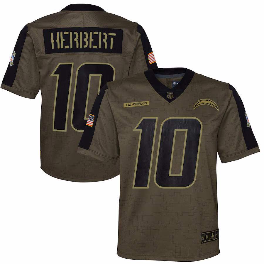Youth Dallas Los Angeles Chargers Justin Herbert Nike Olive Salute To Service Game Jersey