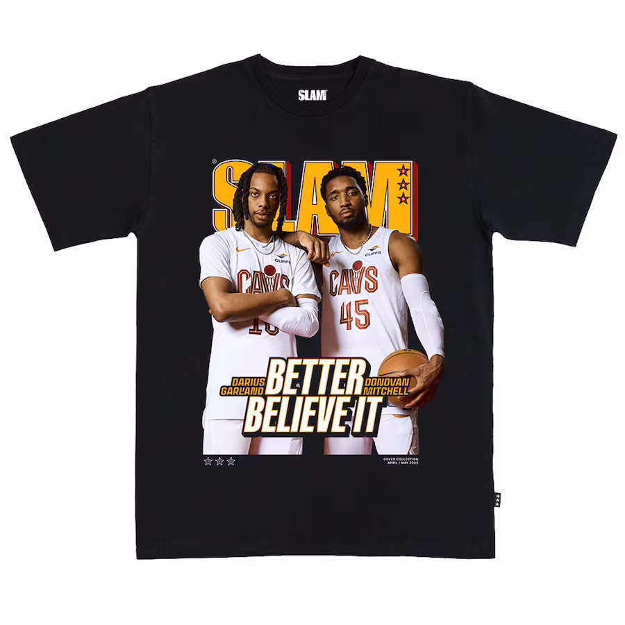 Unisex Cleveland Cavaliers Donovan Mitchell & Darius Garland SLAM Black April/May 2025 Cover Graphic T-Shirt