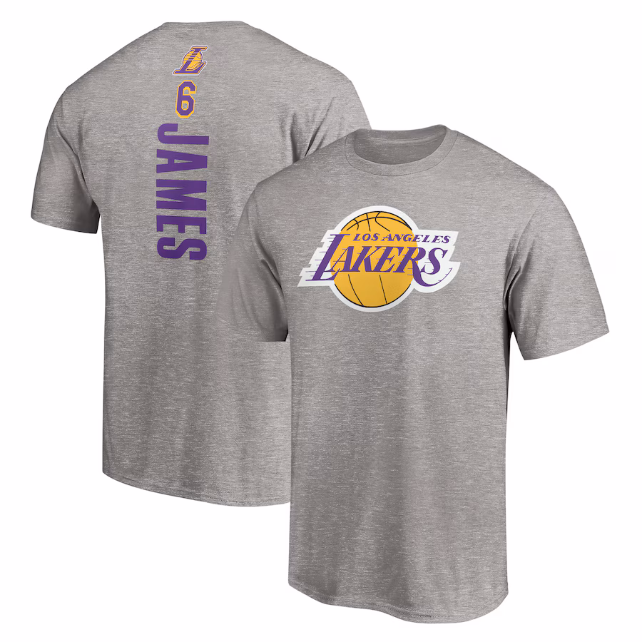 Men's Los Angeles Lakers LeBron James Heathered Gray #6 Playmaker Name & Number T-Shirt