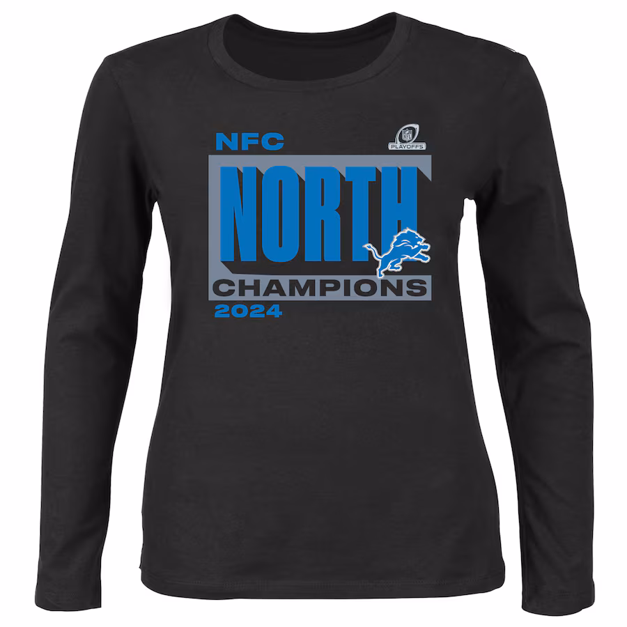 Women's Detroit Lions Fanatics Black 2024 NFC North Division Champions Plus Size Long Sleeve Scoop Neck T-Shirt