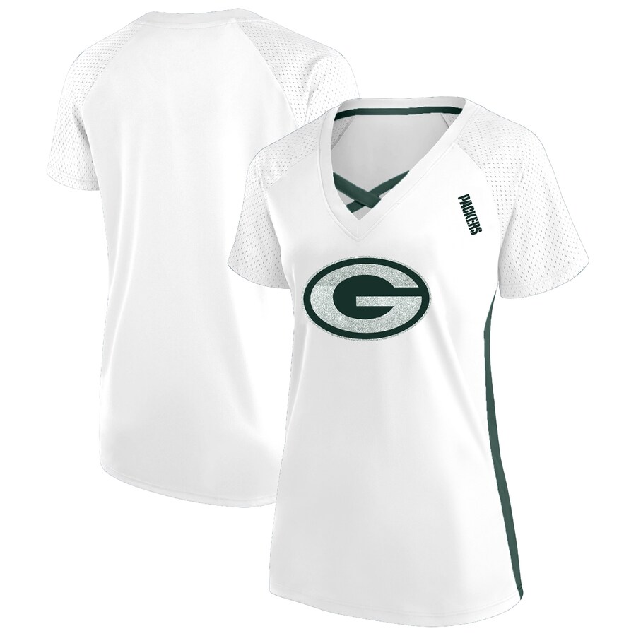 Women's Green Bay Packers Fanatics White Plus Size Glitter Lace-Up V- Neck T-Shirt