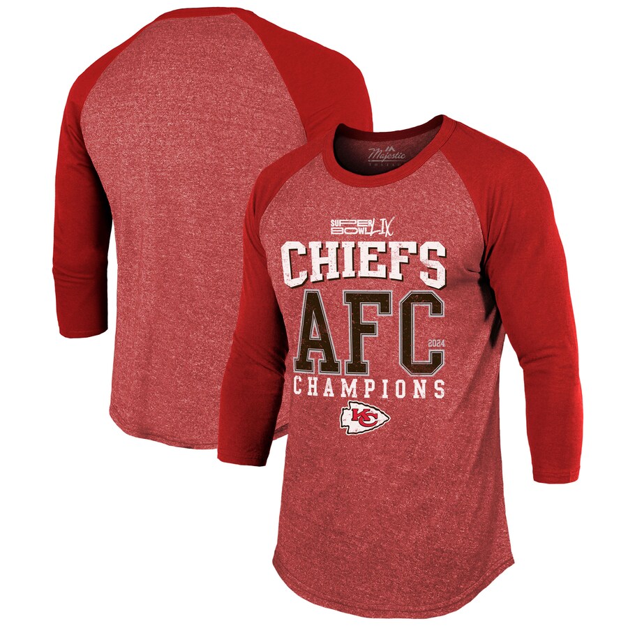 Men's Kansas City Chiefs  Majestic Threads Red 2024 AFC Champions 3/4-Sleeve Raglan Tri-Blend T-Shirt