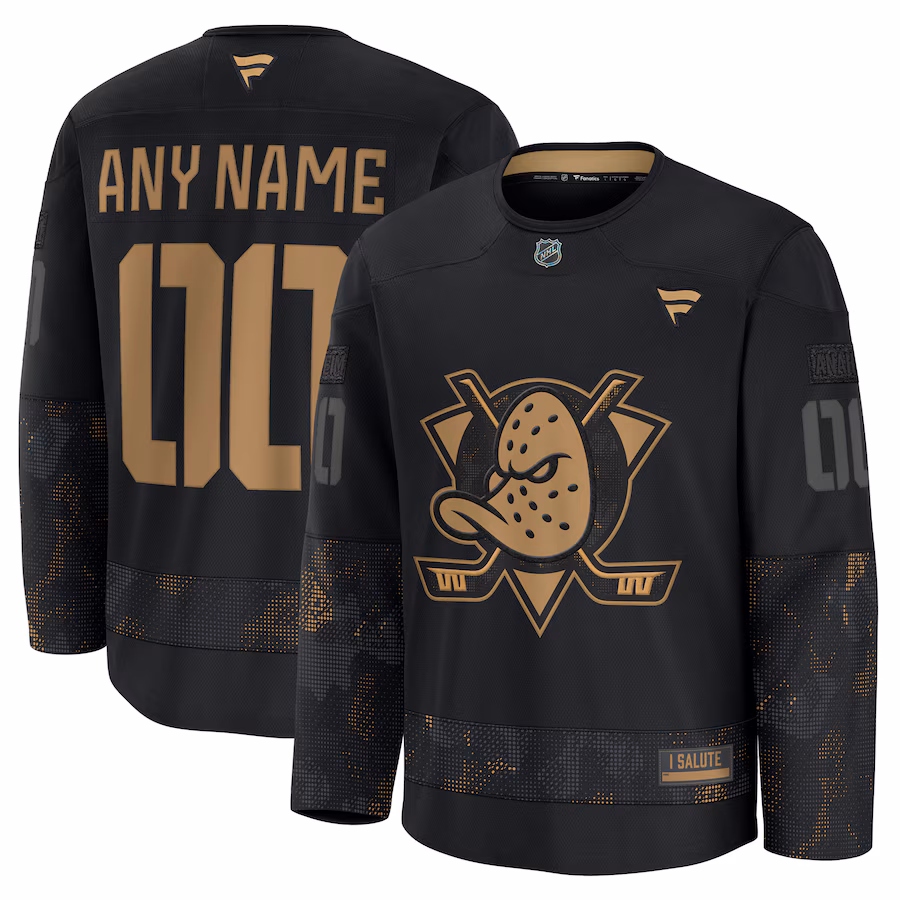 Men's Anaheim Ducks Fanatics Black 2024 Military Appreciation Custom Practice Jersey
