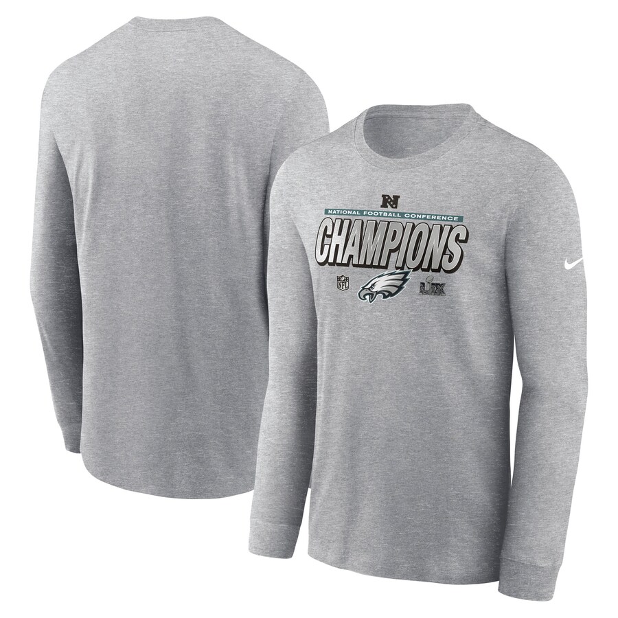 Men's Philadelphia Eagles  Nike Heather Gray 2024 NFC Champions Locker Room Trophy Collection Long Sleeve T-Shirt