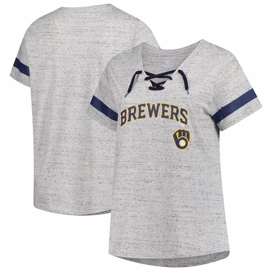 Women's Milwaukee Brewers Profile Heather Gray Raglan Lace-Up Fleck T-Shirt