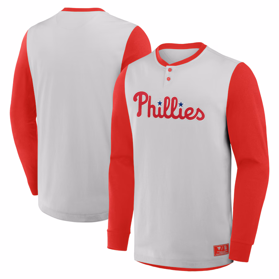 Men's Philadelphia Phillies Fanatics Gray/Red Clubhouse Long Sleeve Henley Shirt