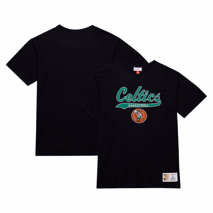 Men's Boston Celtics Mitchell & Ness Black Hardwood Classics Felt Applique Slub T-Shirt