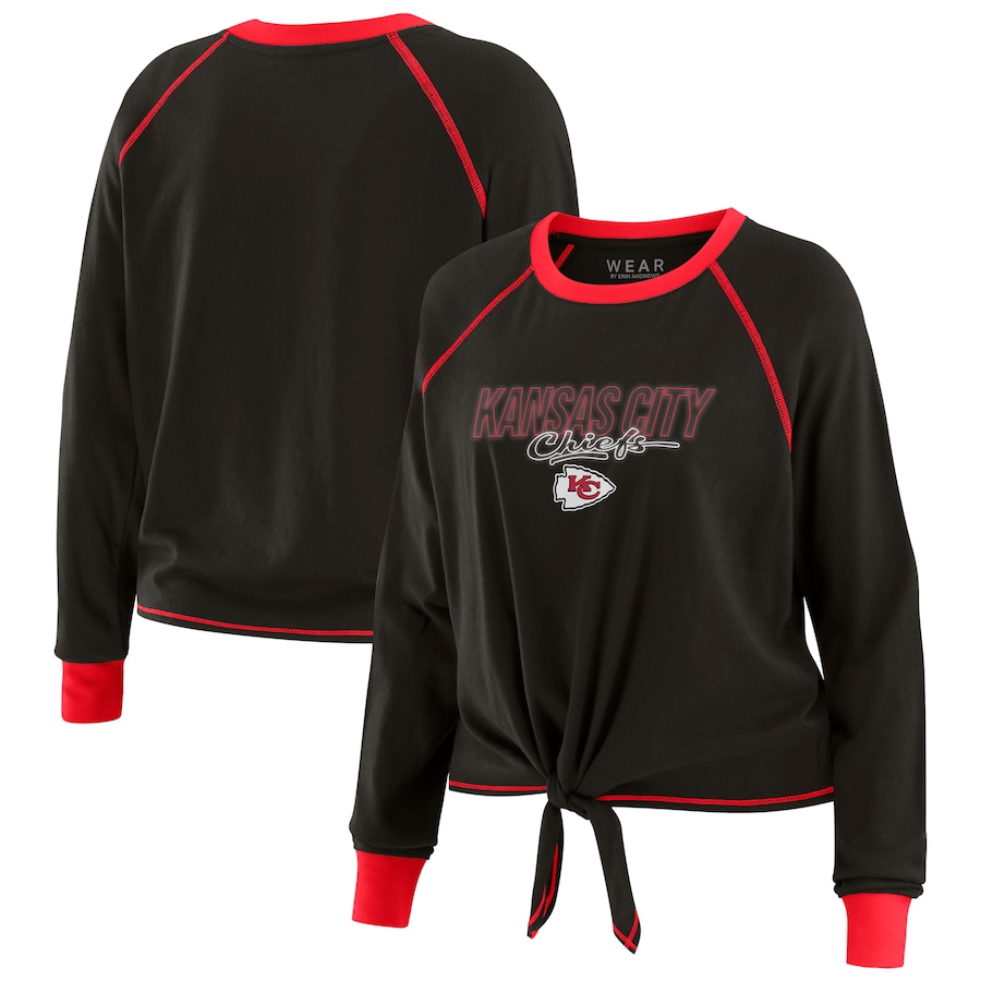 Women's Kansas City Chiefs WEAR by Erin Andrews Black Tie-Front Long Sleeve T-Shirt