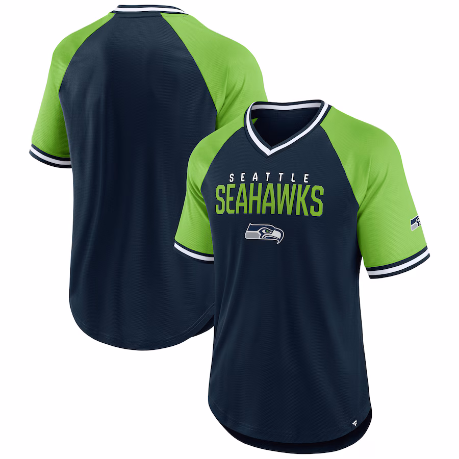 Men's Seattle Seahawks Fanatics College Navy/Neon Green Hashmark Raglan T-Shirt