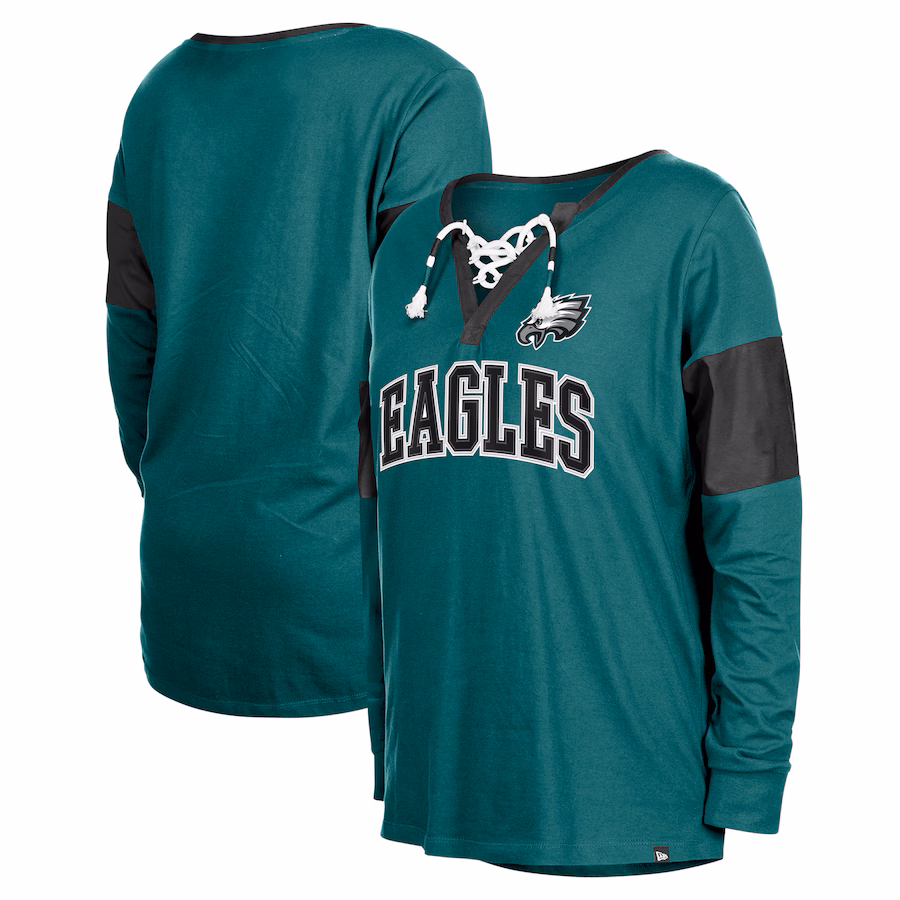 Women's Philadelphia Eagles  New Era Midnight Green Lace-Up Notch-Neck Long Sleeve T-Shirt