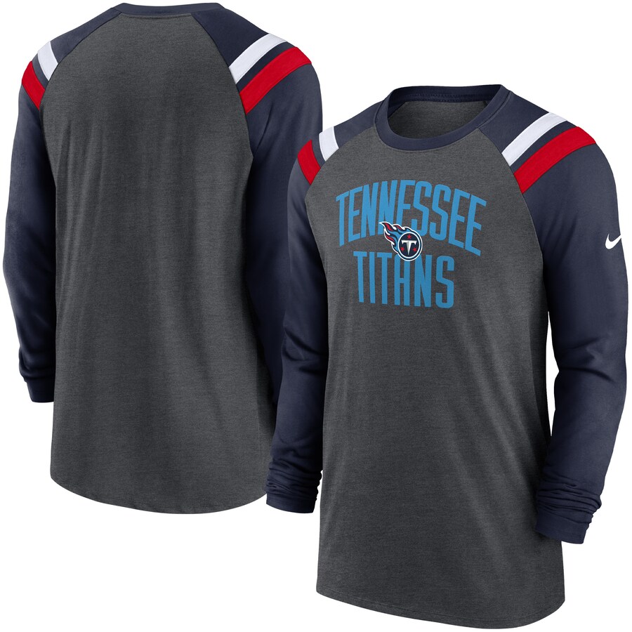 Men's Tennessee Titans Nike Heathered Charcoal/Navy Tri-Blend Raglan Athletic Long Sleeve Fashion T-Shirt